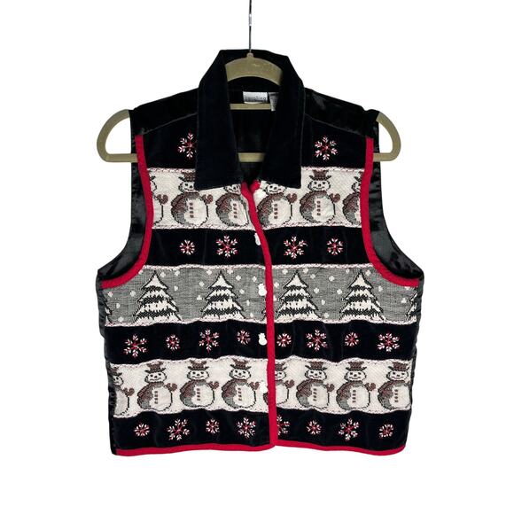 Vintage Carolina Colours Sz L 100% Cotton Tapestry Snowman Button Christmas Vest - Picture 1 of 5